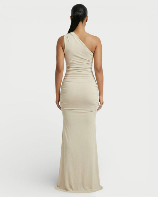 HANIMA One-Shoulder Ruched Maxi Dress